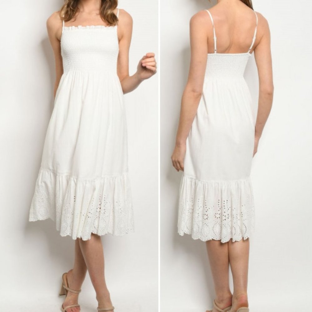 SMOCKED TOP EYELET BOTTOM MIDI DRESS IN WHITE